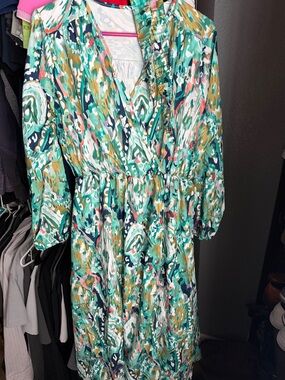 Green Multi-Color Printed Wrap Dress with belt